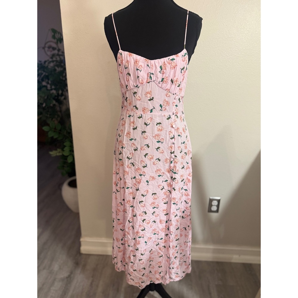 Zara Pink Floral Lace Up Back Midi Dress Sweetheart Neck Rose Print Size M